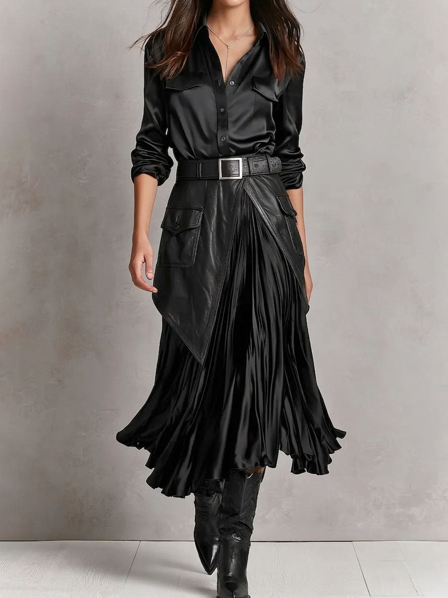 Quiet Luxury Black Satin Shirt Faux Leather Panel Pleated Midi Skirt Set