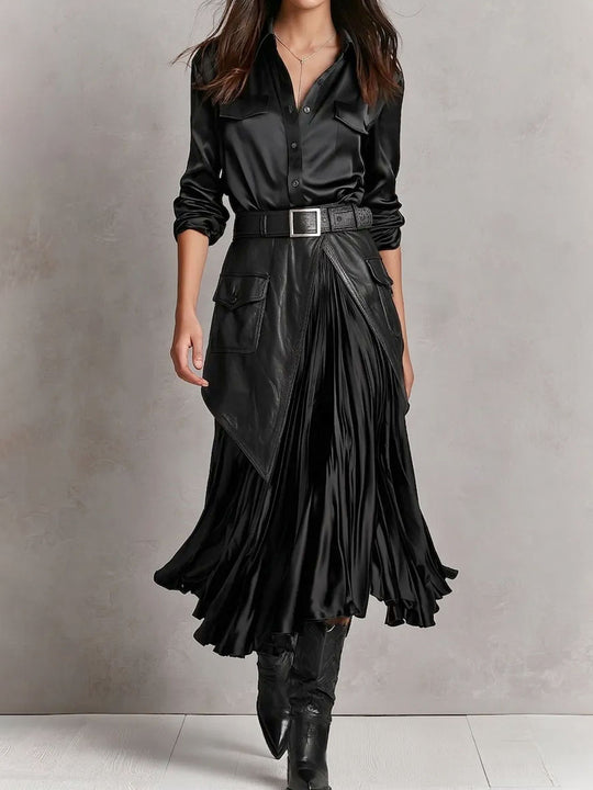Quiet Luxury Black Satin Shirt Faux Leather Panel Pleated Midi Skirt Set