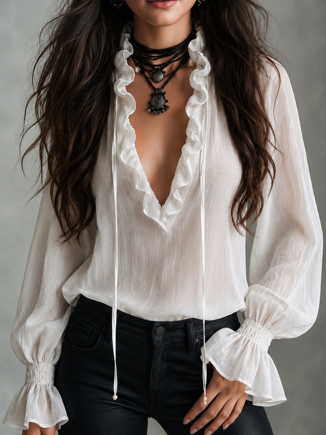 Boho Cotton And Linen Ruffle Trim Tie Front Lantern Sleeve Blouse