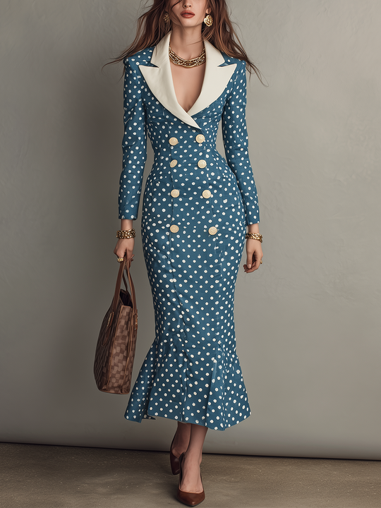 Refined Teal Polka Dot Contrast Lapel Midi Dress