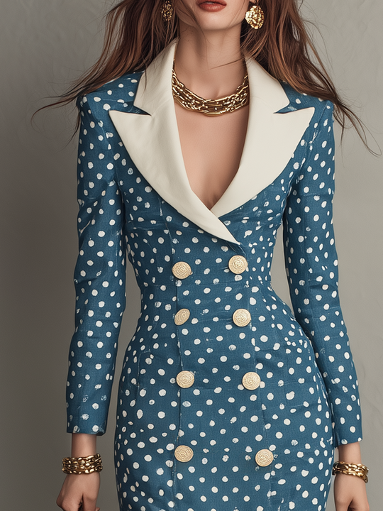 Refined Teal Polka Dot Contrast Lapel Midi Dress