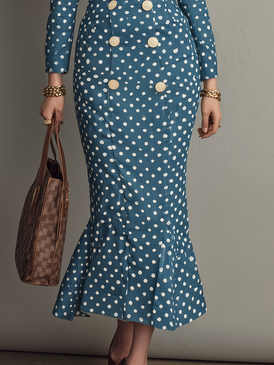 Refined Teal Polka Dot Contrast Lapel Midi Dress
