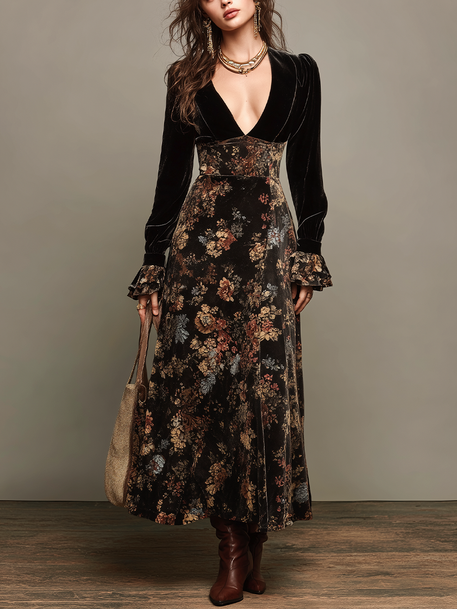 Elegant Black Velvet Floral Panel Maxi Dress