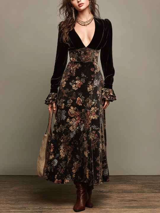 Elegant Black Velvet Floral Panel Maxi Dress