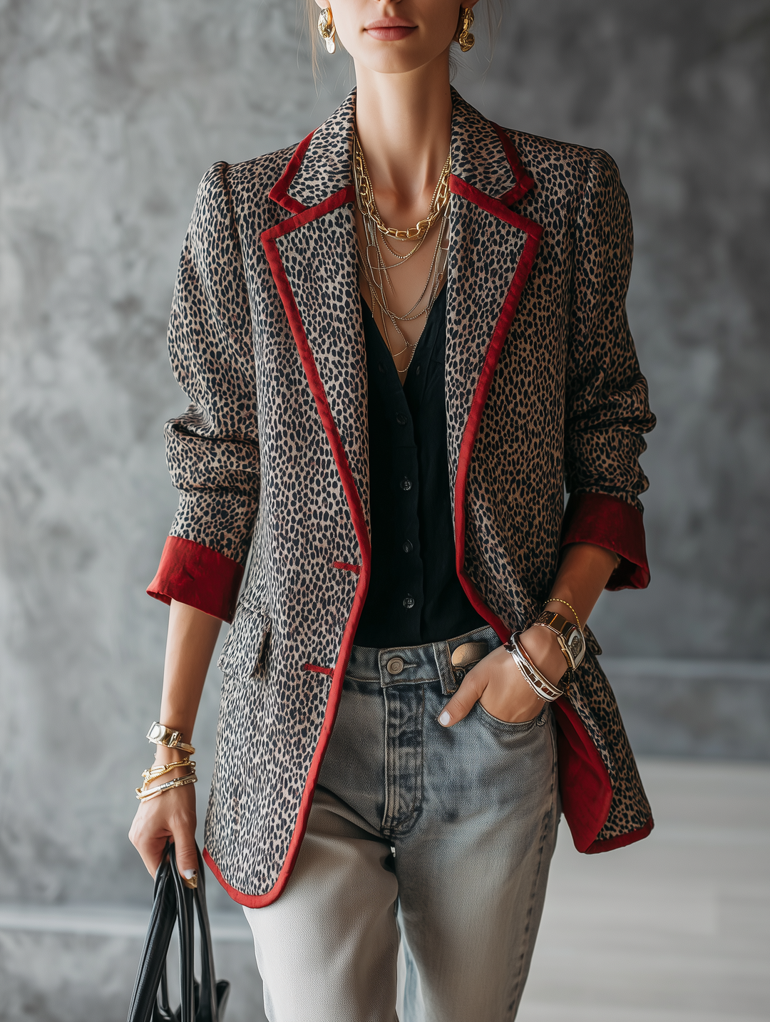 Vintage Luxe Leopard Print Crimson Trim Blazer