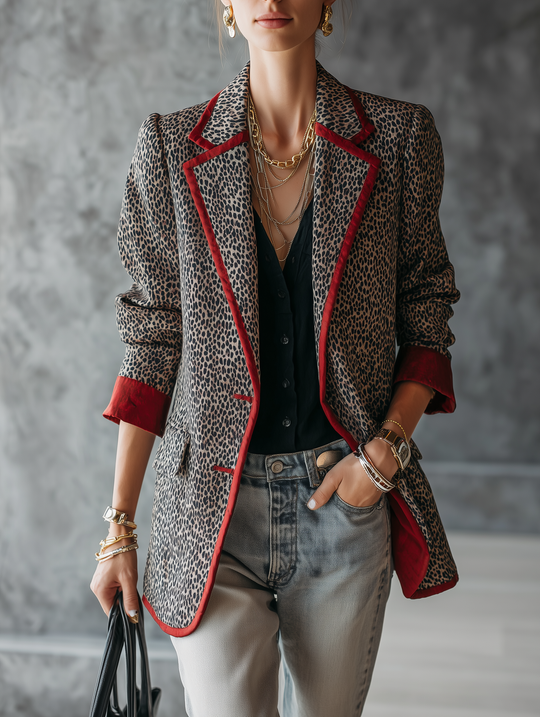 Vintage Luxe Leopard Print Crimson Trim Blazer
