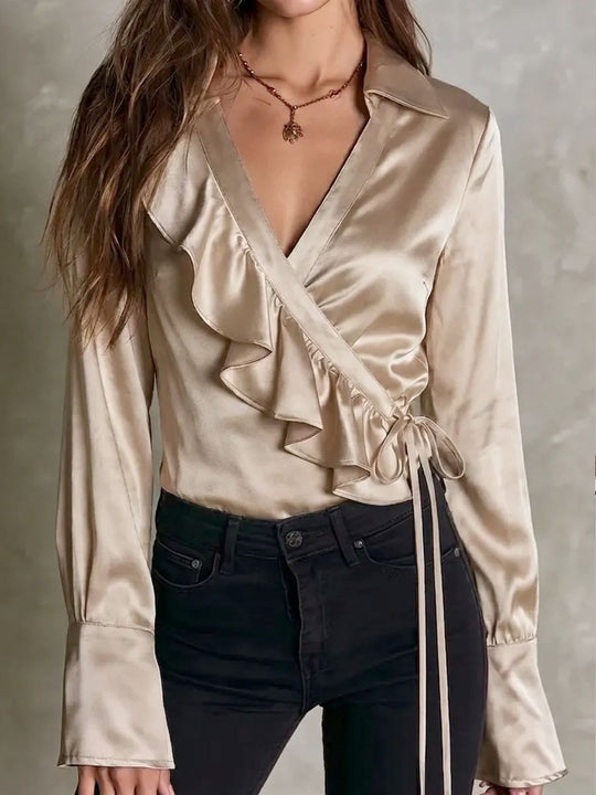 Retro Quiet Luxury Satin Ruffle Detail Wrap Blouse