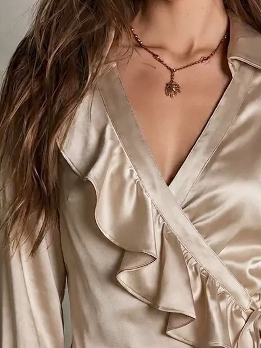 Retro Quiet Luxury Satin Ruffle Detail Wrap Blouse