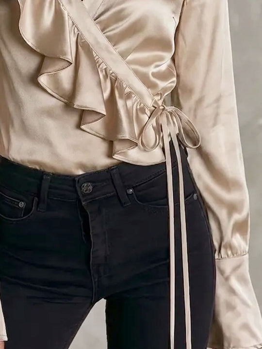 Retro Quiet Luxury Satin Ruffle Detail Wrap Blouse