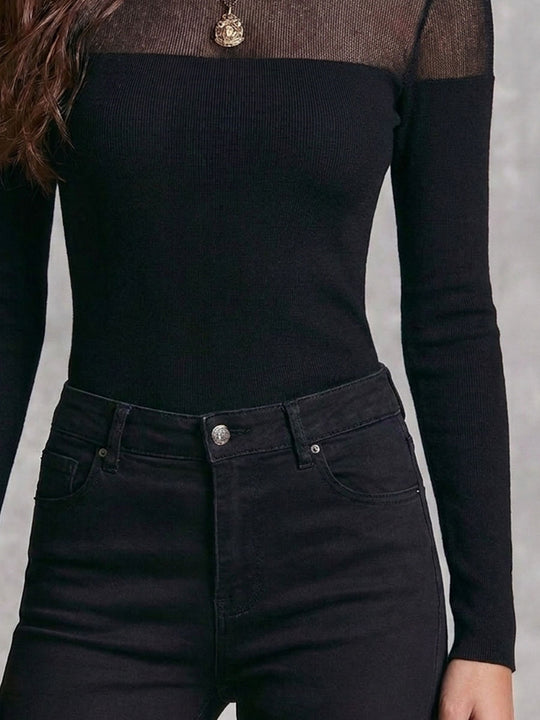 Quiet Luxury Black Sheer Mesh Turtleneck Knit Slim Long Sleeve Top