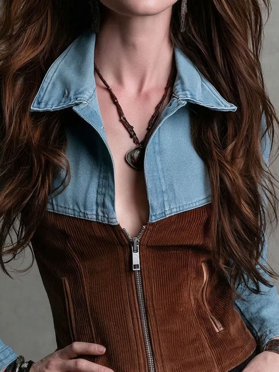 Boho Western Zip Up Denim Corduroy Spliced Crop Jacket