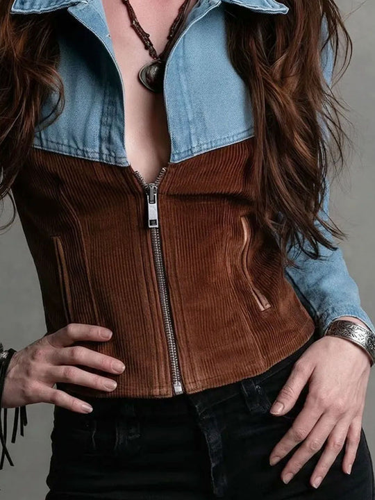 Boho Western Zip Up Denim Corduroy Spliced Crop Jacket