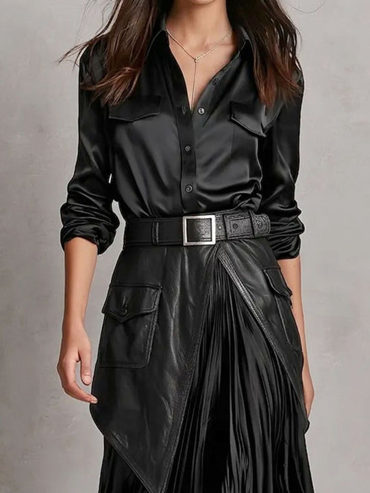 Quiet Luxury Black Satin Shirt Faux Leather Panel Pleated Midi Skirt Set