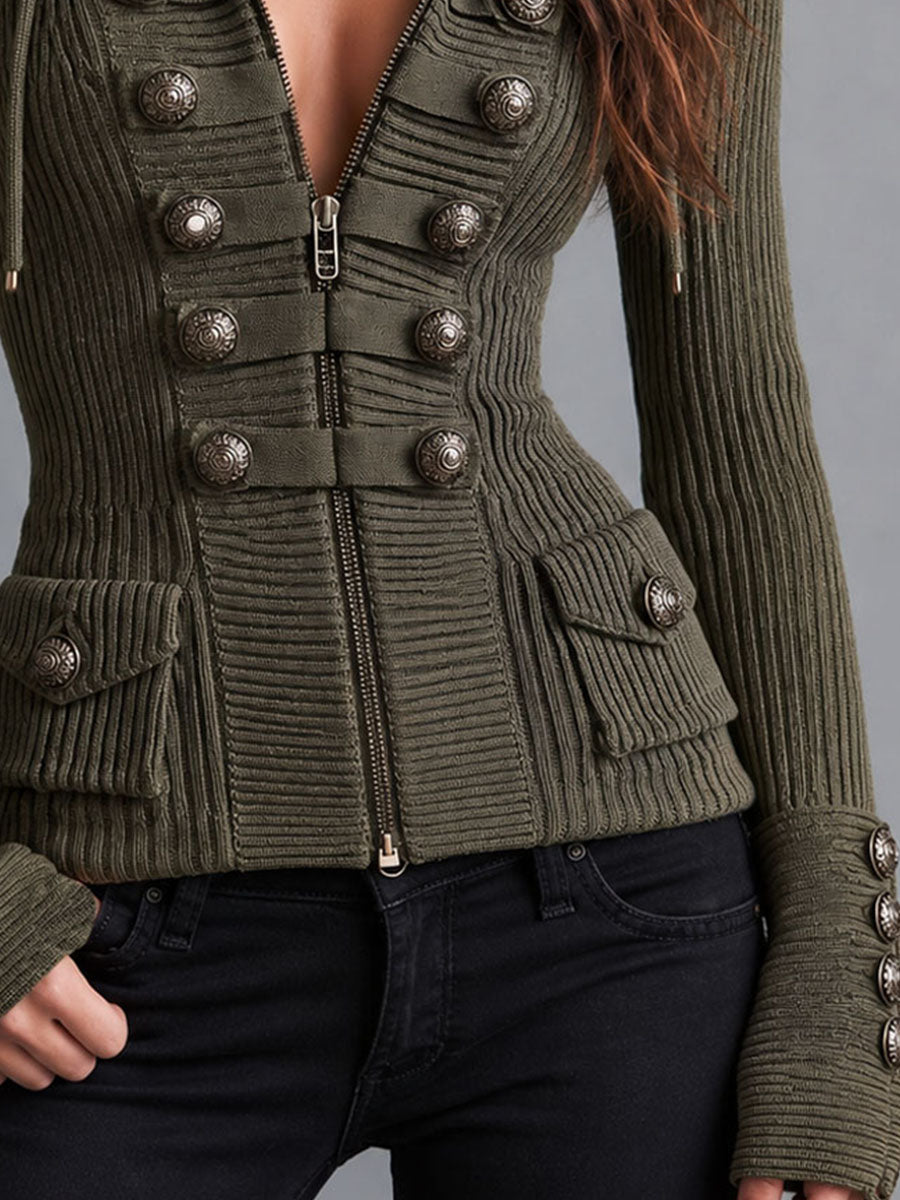 Boho Retro Hooded Rib Knit Jacket With Decorative Metal Buttons