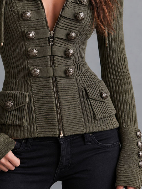 Boho Retro Hooded Rib Knit Jacket With Decorative Metal Buttons