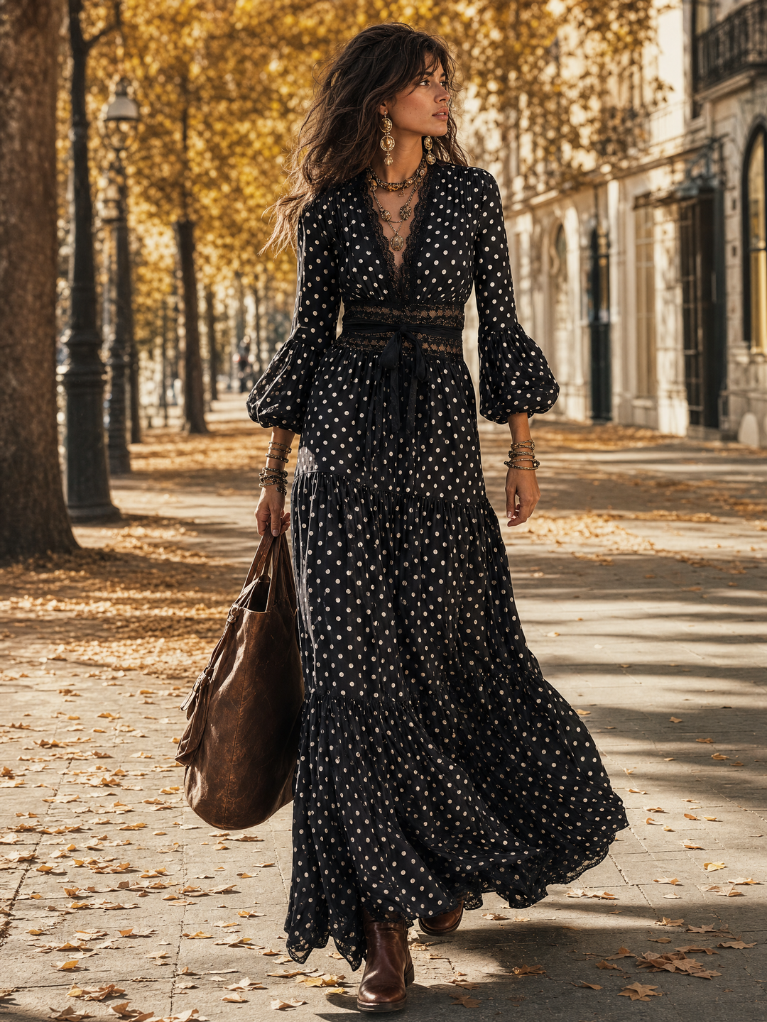 Romantic Black Polka Dot Lace Trim Maxi Dress
