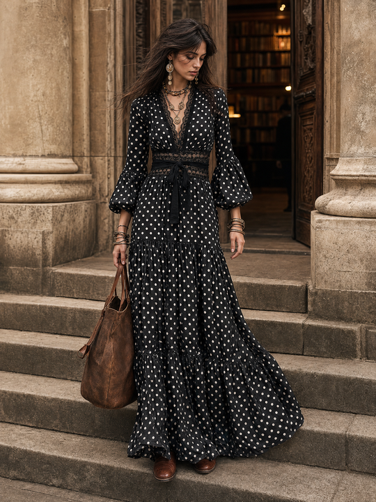 Romantic Black Polka Dot Lace Trim Maxi Dress