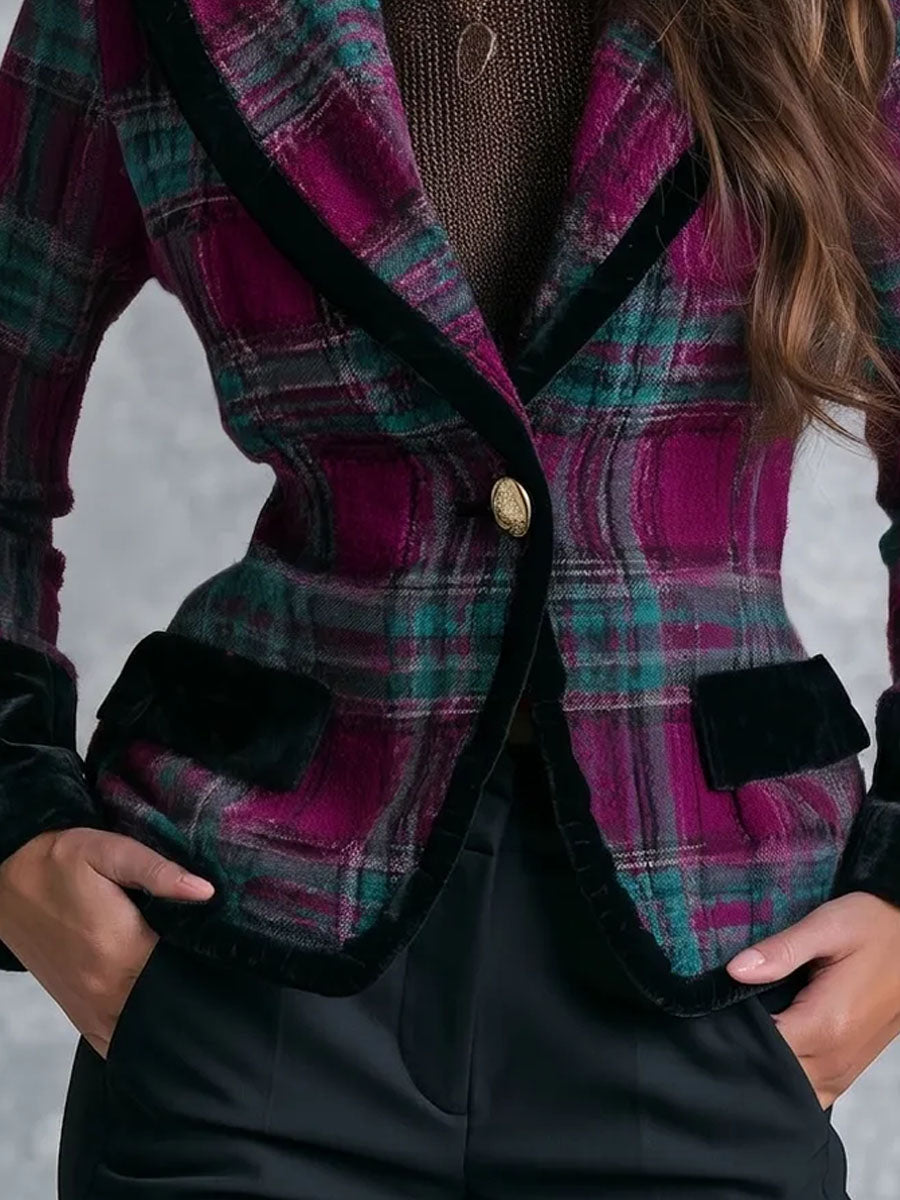 Retro Plaid Single Button Fitted Blazer With Velvet Cuff
