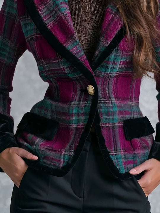 Retro Plaid Single Button Fitted Blazer With Velvet Cuff