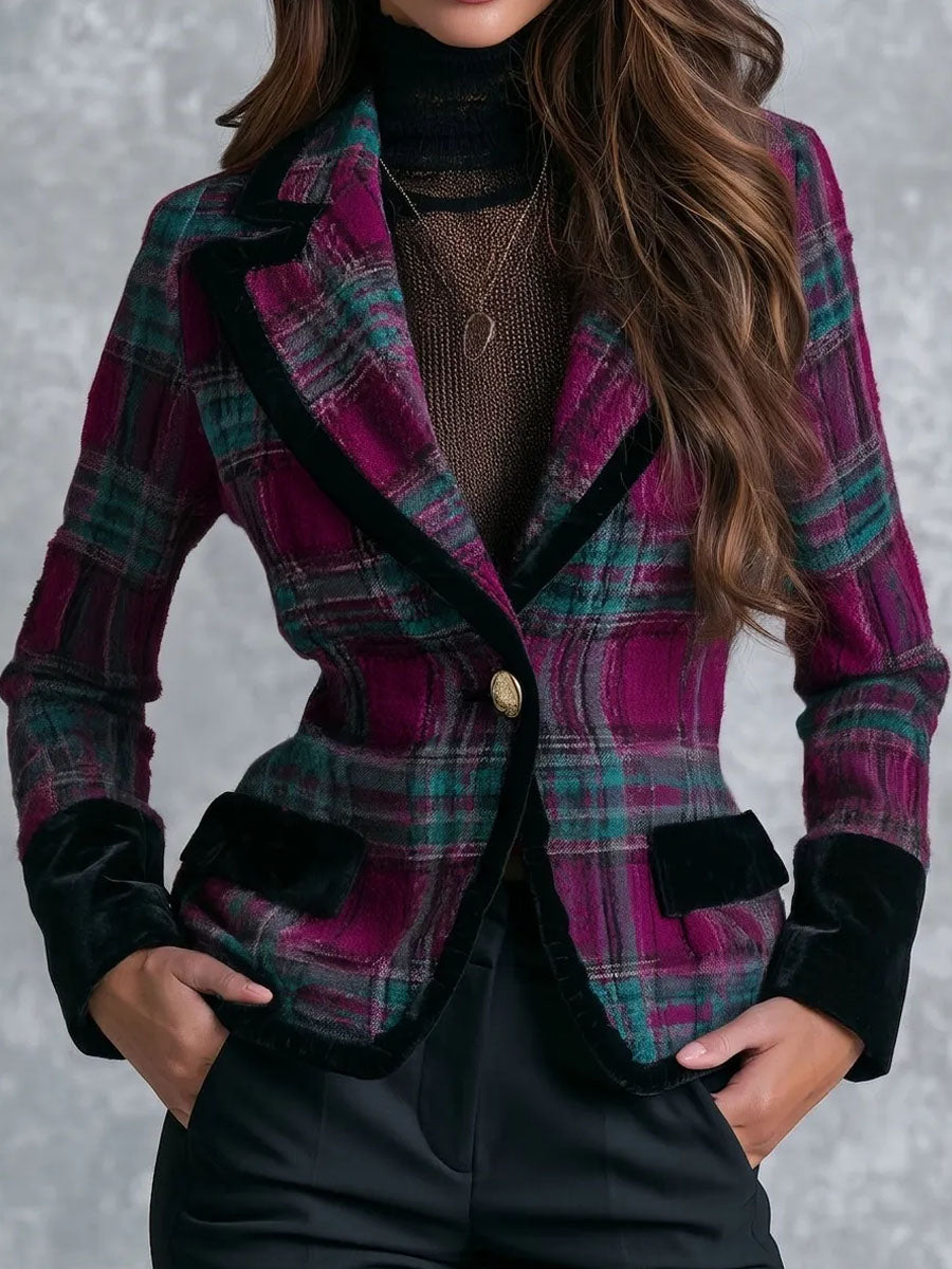 Retro Plaid Single Button Fitted Blazer With Velvet Cuff