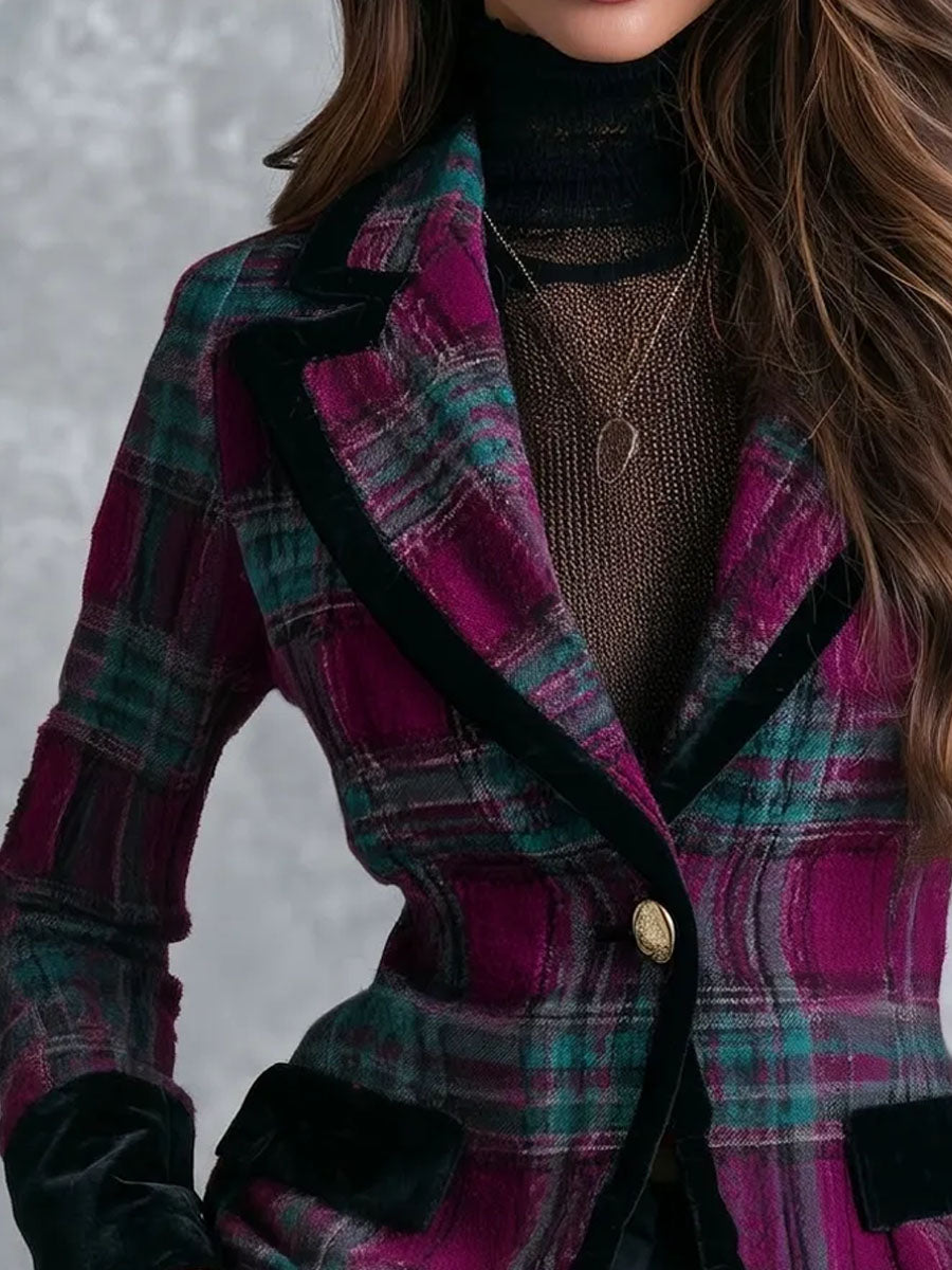 Retro Plaid Single Button Fitted Blazer With Velvet Cuff