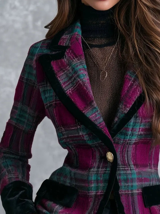 Retro Plaid Single Button Fitted Blazer With Velvet Cuff