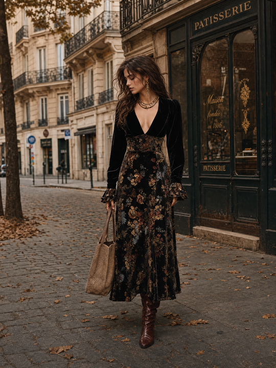 Elegant Black Velvet Floral Panel Maxi Dress