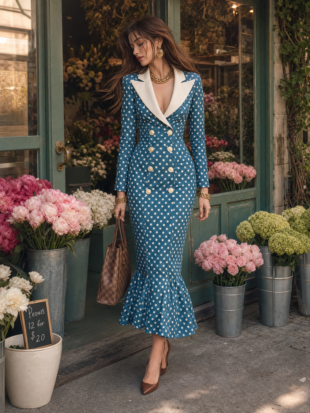 Refined Teal Polka Dot Contrast Lapel Midi Dress
