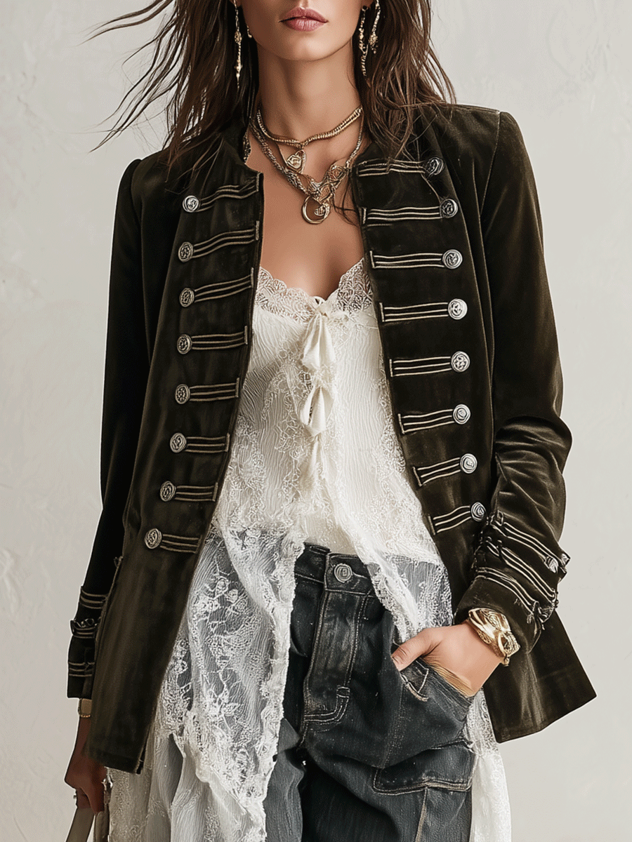 Velvet Military-Style Double-Breasted Ornate Button Detail Jacket