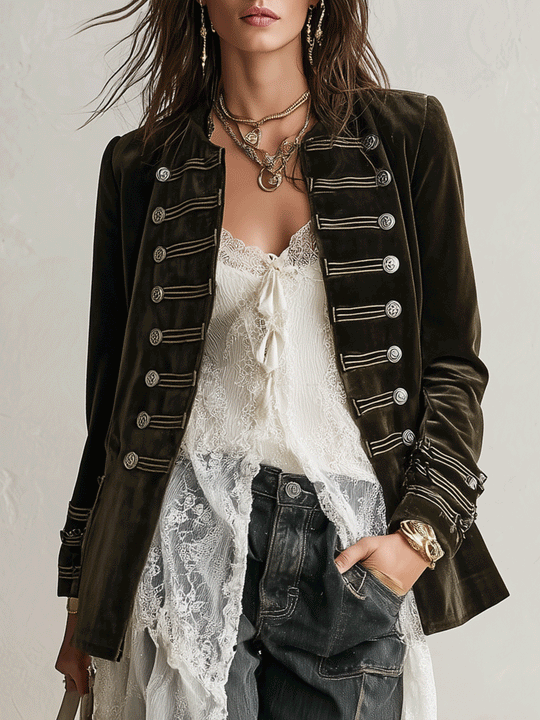 Velvet Military-Style Double-Breasted Ornate Button Detail Jacket