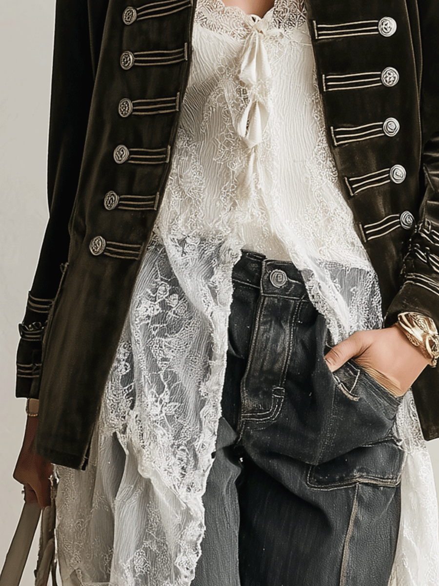 Velvet Military-Style Double-Breasted Ornate Button Detail Jacket