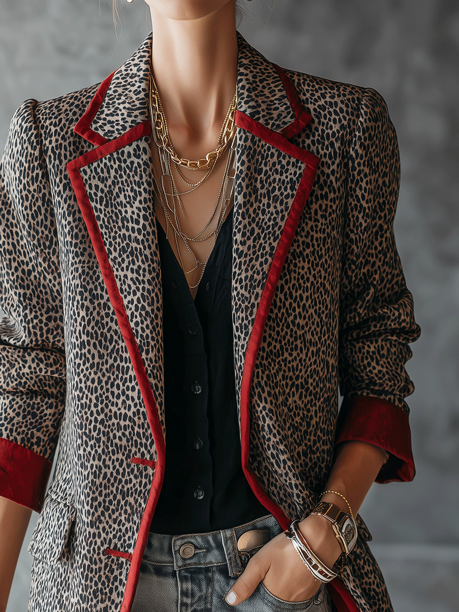 Vintage Luxe Leopard Print Crimson Trim Blazer