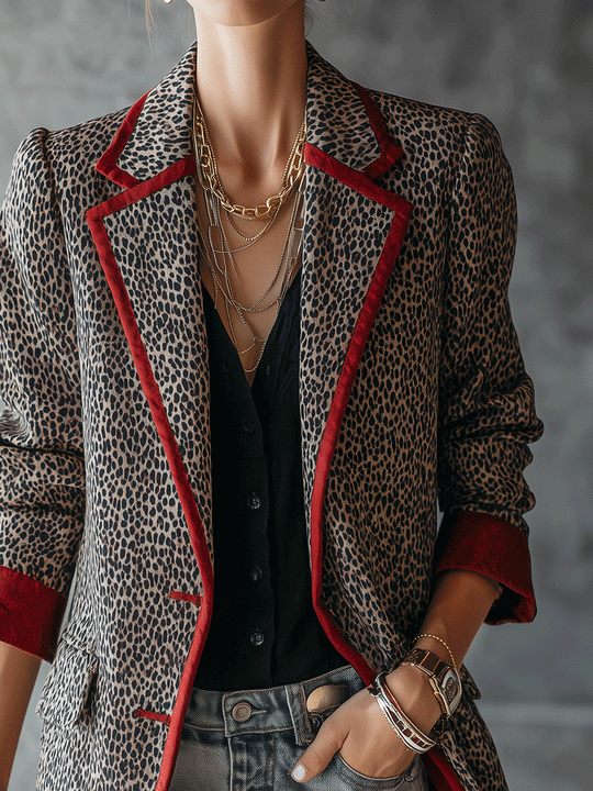 Vintage Luxe Leopard Print Crimson Trim Blazer