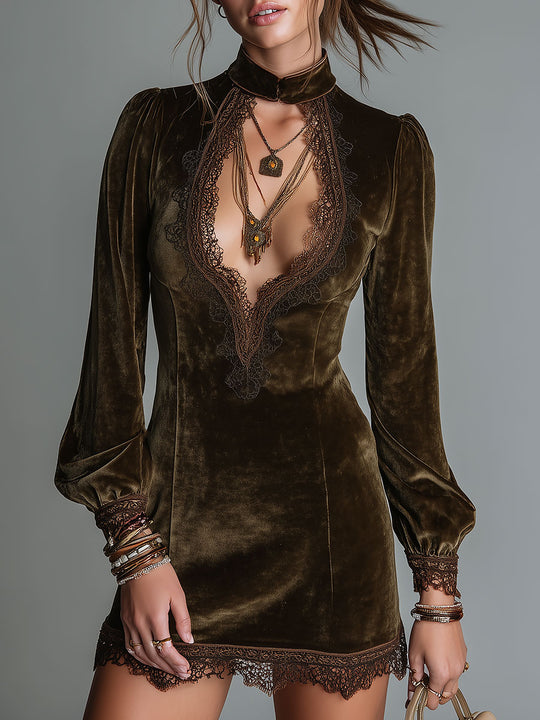 Retro Keyhole Neckline Velvet Mini Dress With Lace Trim
