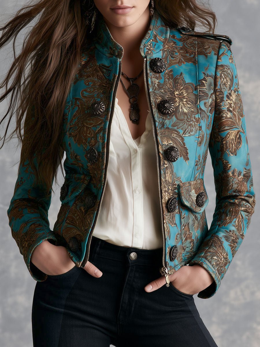Retro Teal Floral Print Fitted Zip Front Jacket With Decorative Buttons