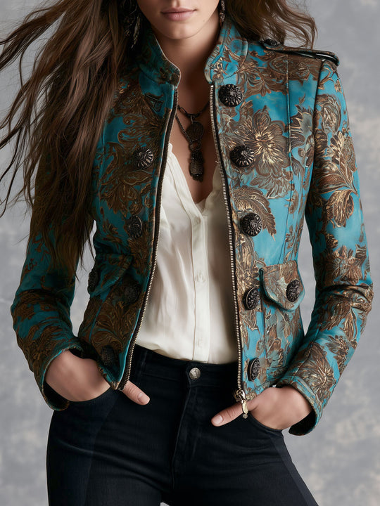 Retro Teal Floral Print Fitted Zip Front Jacket With Decorative Buttons