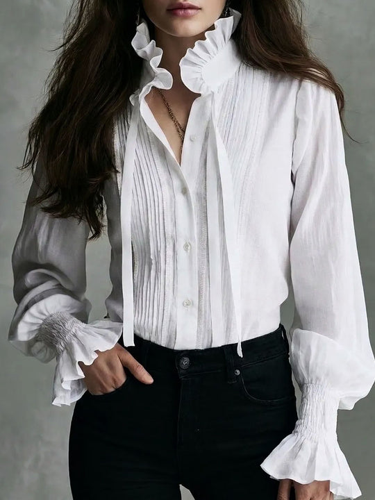 Boho Victorian Ruffle Tie Neck Pleated Lantern Sleeve Blouse