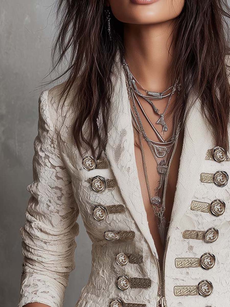 Vintage Military-Style Decorative Buttons Lace Blazer