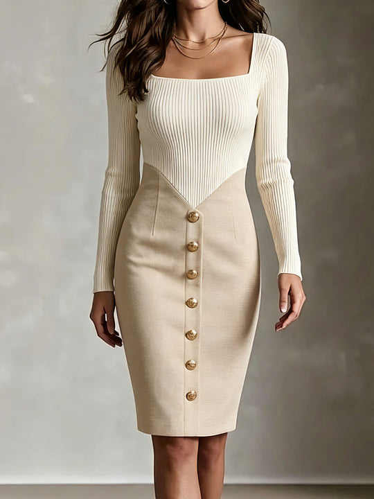 Quiet Luxury Square Neck Contrast Panel Office Pencil Dress