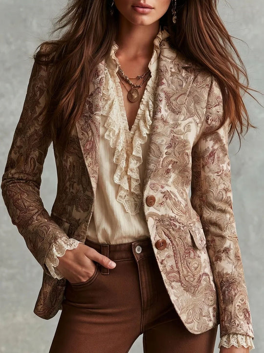 Boho Floral Paisley Print Fitted Lapel Blazer Jacket
