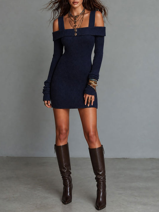 Retro Off-Shoulder Ribbed Knit Bodycon Mini Dress