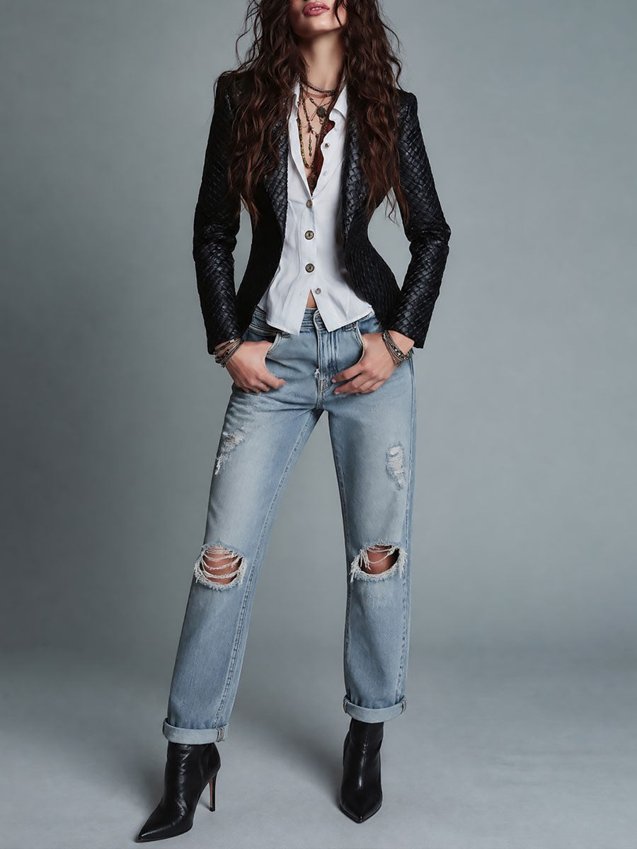 Retro Woven-Texture Faux Leather Slim-fit Blazer