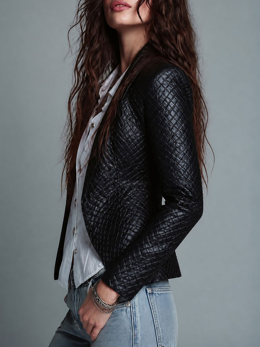 Retro Woven-Texture Faux Leather Slim-fit Blazer