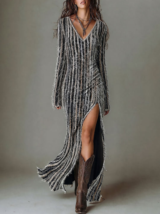 Boho V-Neck Fringe Textured Knit Maxi Dress With High Slit