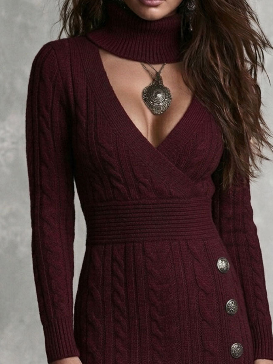 Retro Wrap V Neck De Burgundy Cable Knit Dress With Detachable Turtleneck