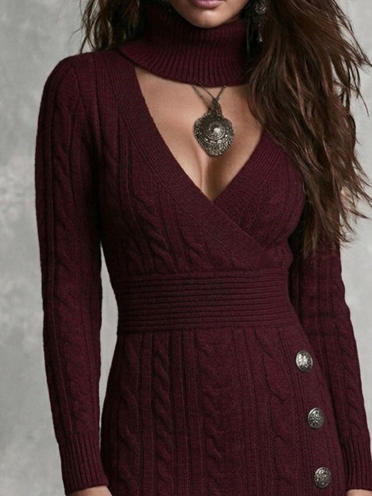 Retro Wrap V Neck De Burgundy Cable Knit Dress With Detachable Turtleneck