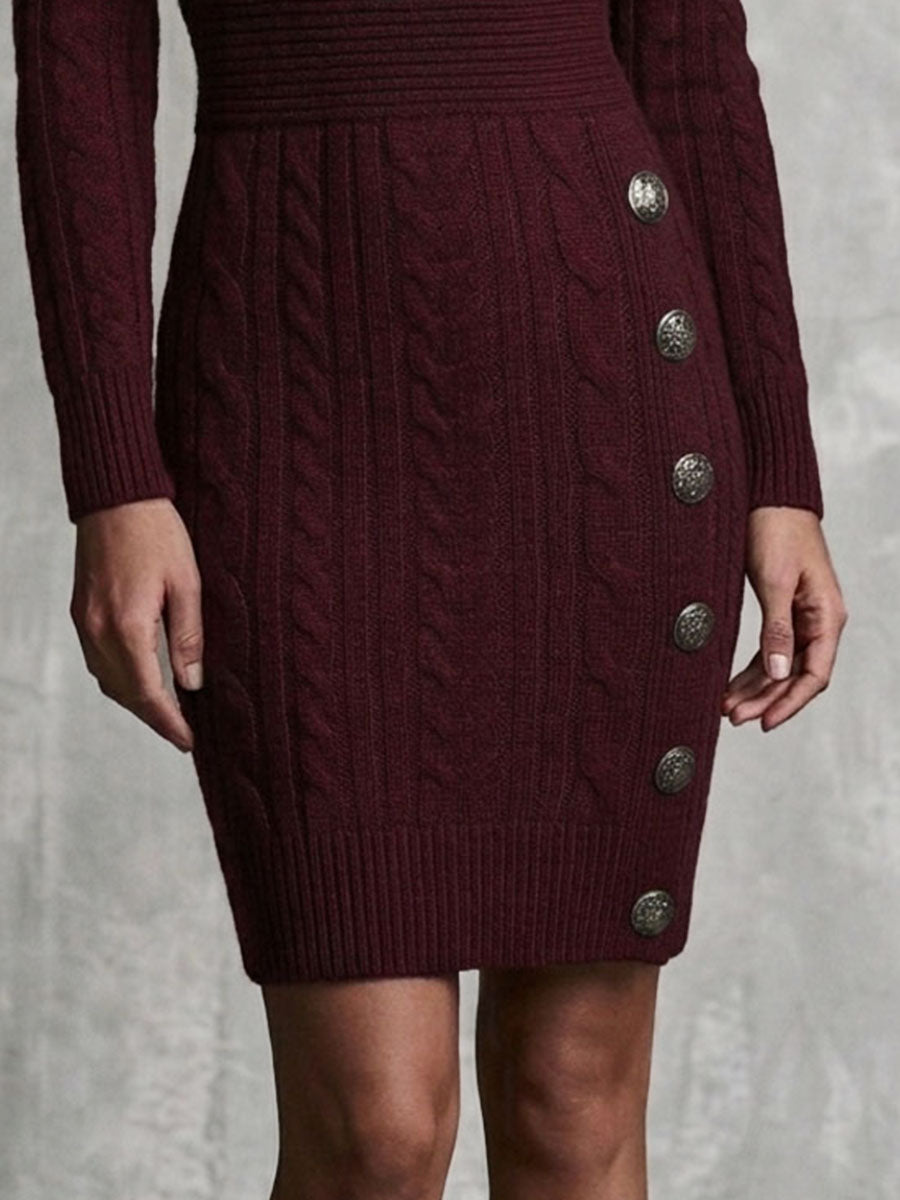 Retro Wrap V Neck De Burgundy Cable Knit Dress With Detachable Turtleneck