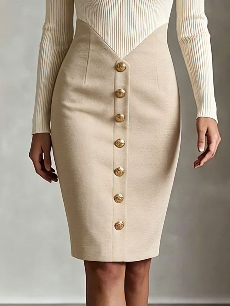 Quiet Luxury Square Neck Contrast Panel Office Pencil Dress