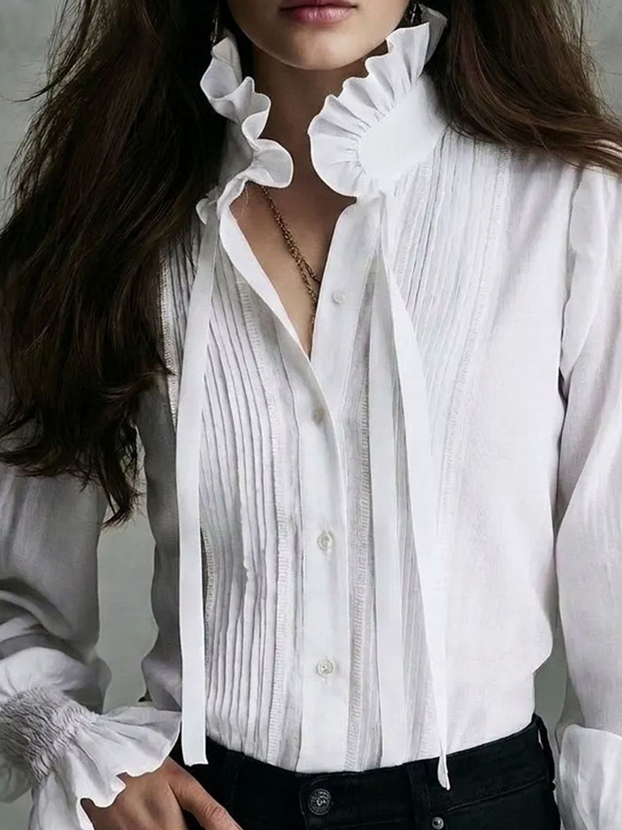 Boho Victorian Ruffle Tie Neck Pleated Lantern Sleeve Blouse