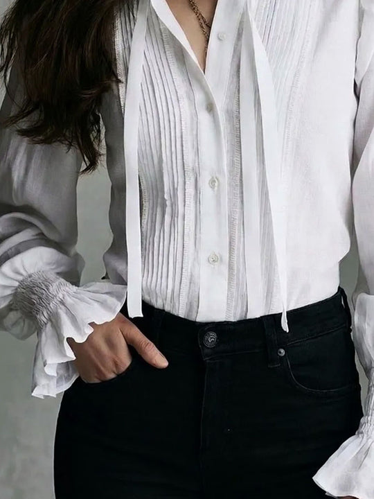 Boho Victorian Ruffle Tie Neck Pleated Lantern Sleeve Blouse